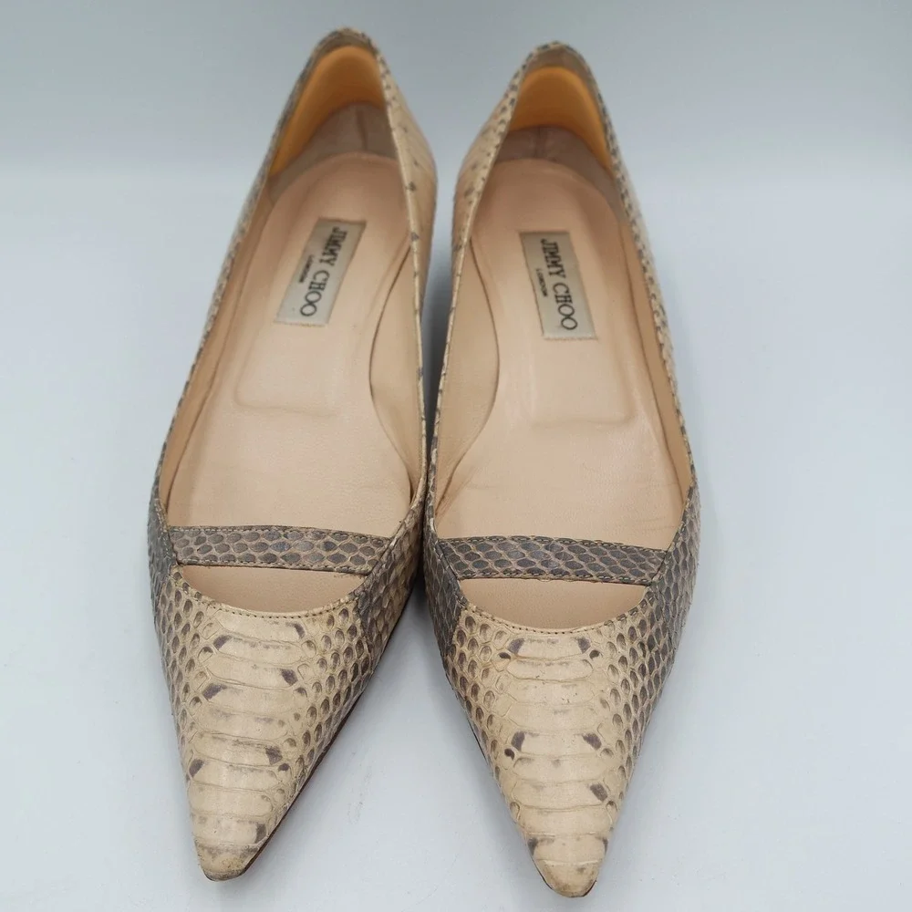 Vintage Jimmy Choo Beige Snakeskin Pointed Toe Kitten Heel Made in Italy Size 38